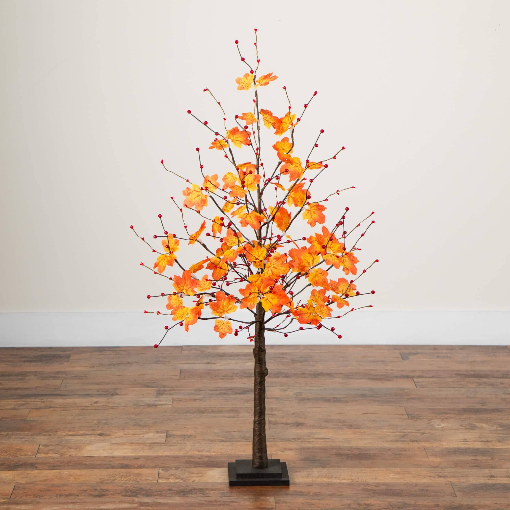 4ft. Pre-Lit Autumn Maple Artificial Fall Tree with Berries and 60 Warm White LED Lights